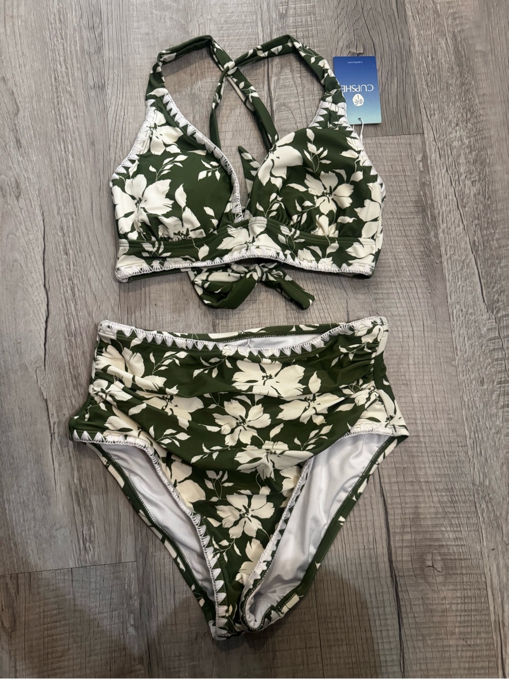 Cupshe Olive & White Floral High-Waist Bikini Set with Tie Front Top